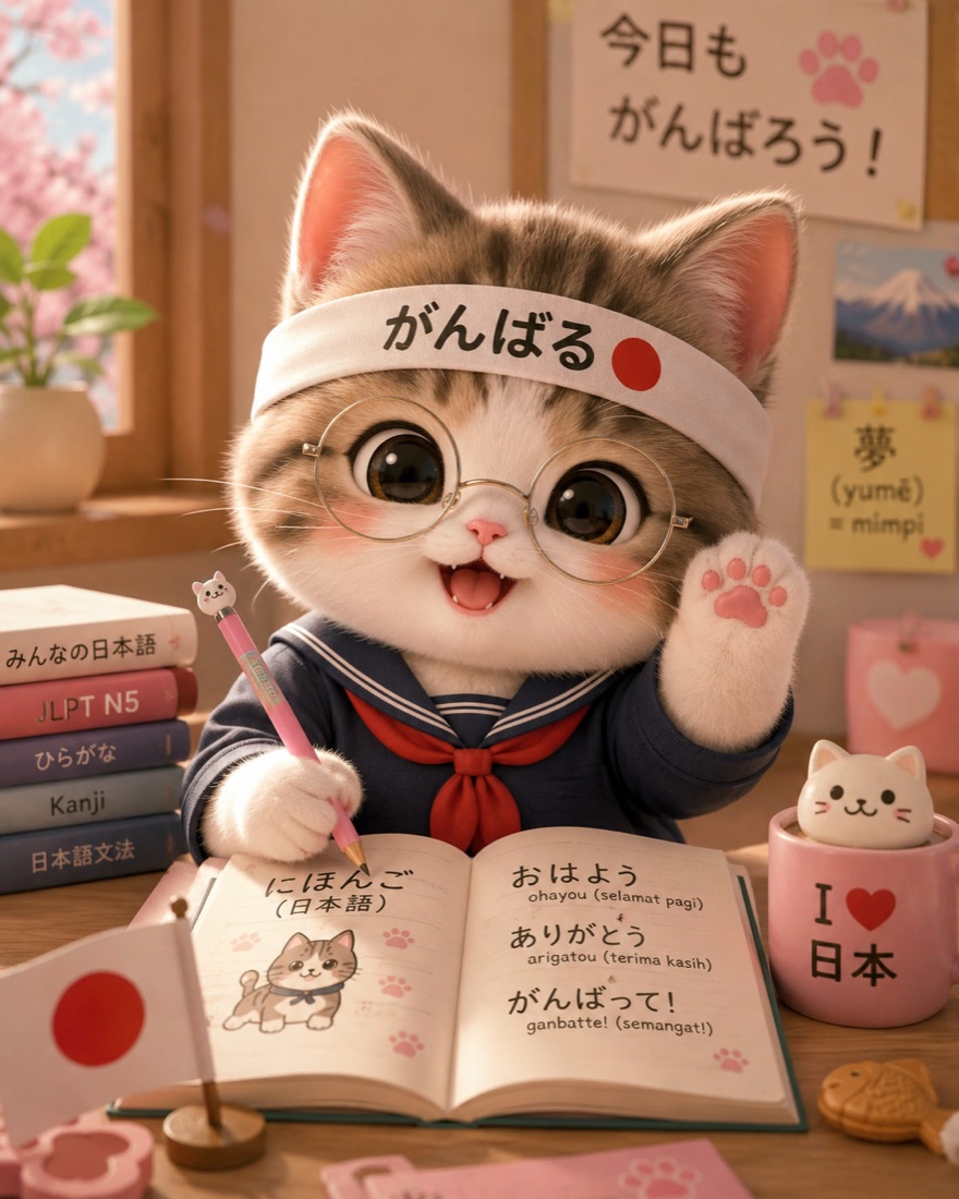 Maskot kucing Nihongo Pro Academy memakai ikat kepala がんばる dan kacamata bulat, belajar bahasa Jepang sambil melambaikan tangan